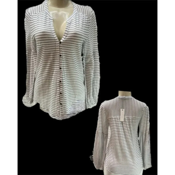 Lucky Brand S White-Black Striped Semi-Sheer Button Down V-Neck Long Sleeve Top - Picture 1 of 7